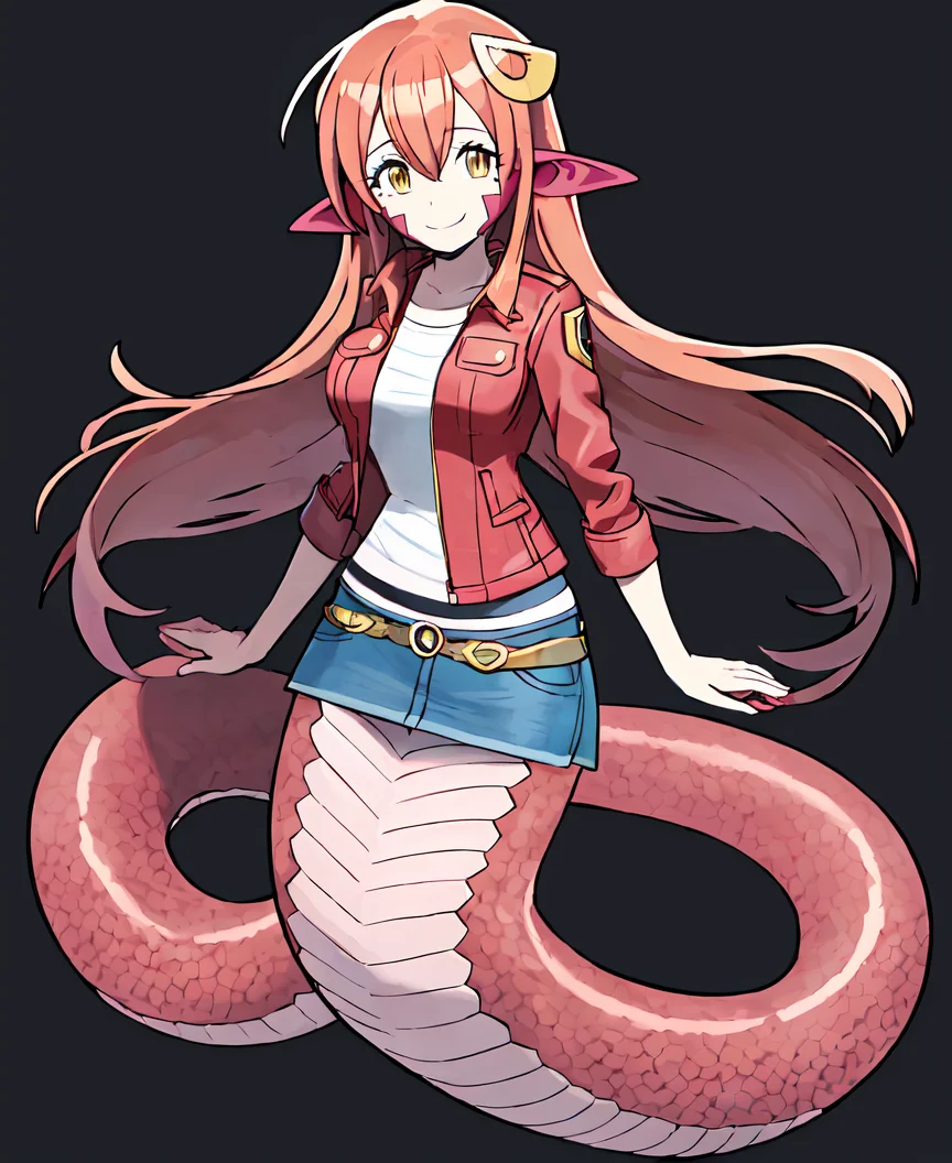 masterpiece, best quality, generation 4, 1girl, solo, miia, facial mark, smile, full body, shirt, jacket, denim skirt, standing, white background<lora:Miia (Monster Musume):1> <lora:Pokemon (Style):0.8>