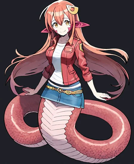 masterpiece, best quality, generation 4, 1girl, solo, miia, facial mark, smile, full body, shirt, jacket, denim skirt, standing, white background<lora:Miia (Monster Musume):1> <lora:Pokemon (Style):0.8>