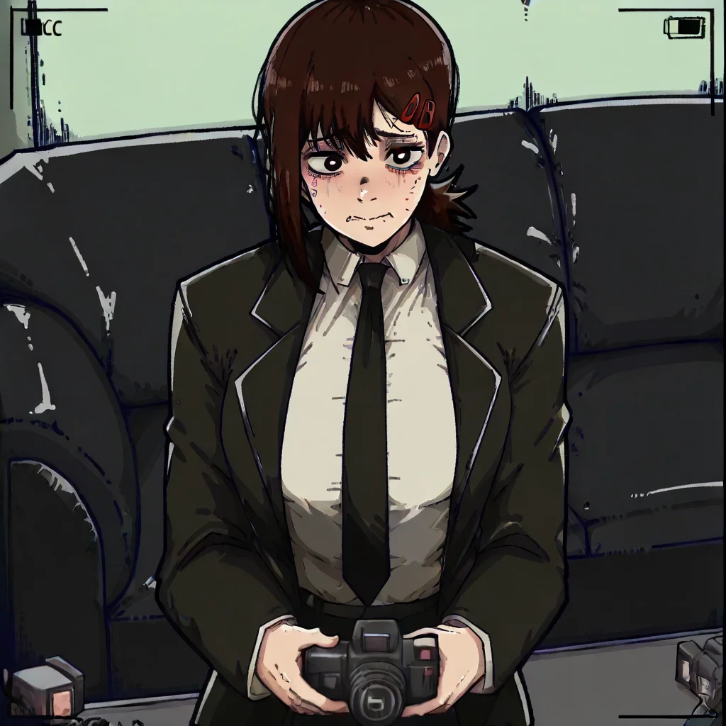 masterpiece, best quality, newest, absurdres, highres, mark_gavatino, mark gavatino style, CCV1.0-IL, couch, black couch, casting couch, camera, 1girl, higashiyama kobeni (chainsaw_man), brown hair, collared shirt, black necktie, black jacket,