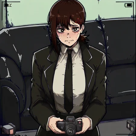 masterpiece, best quality, newest, absurdres, highres, mark_gavatino, mark gavatino style, CCV1.0-IL, couch, black couch, casting couch, camera, 1girl, higashiyama kobeni (chainsaw_man), brown hair, collared shirt, black necktie, black jacket,