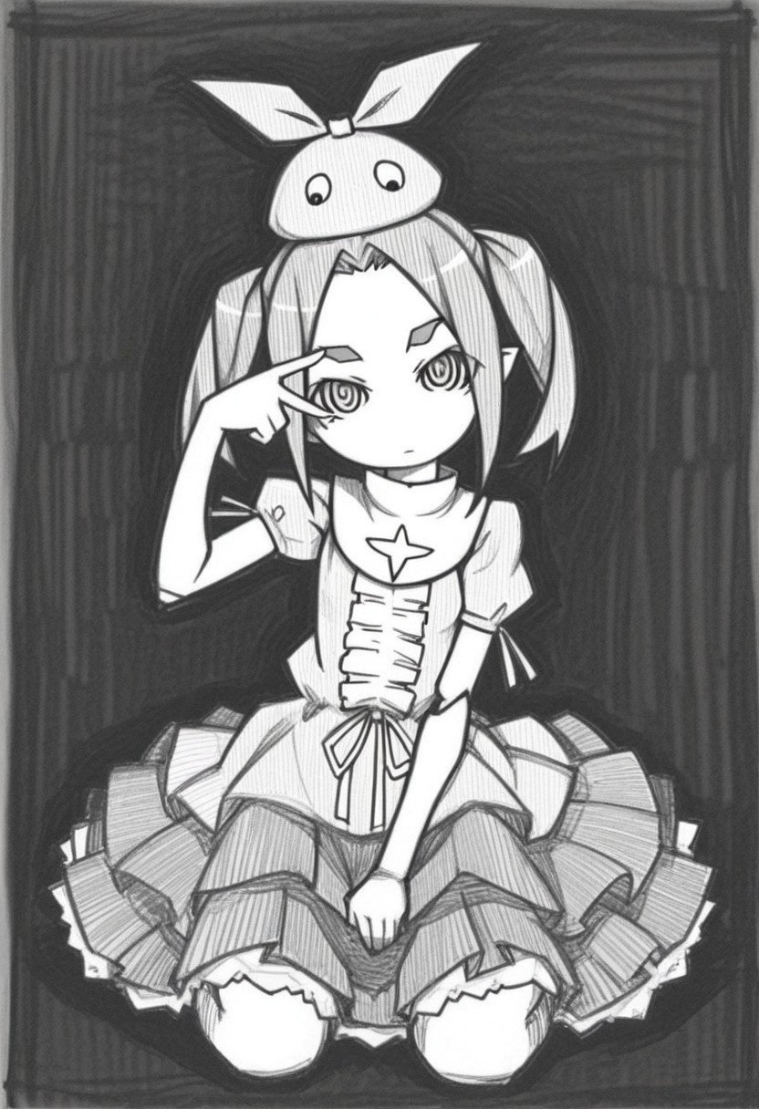 1girl, ononoki yotsugi, monogatari \(series\), head tilt, looking at viewer, v over eye, no nose, closed mouth, sitting, wariza, hand on lap, full body, sketch, monochrome, black background, hatching \(texture\), graphite \(medium\), ueda hajime, masterpiece, best quality, good quality