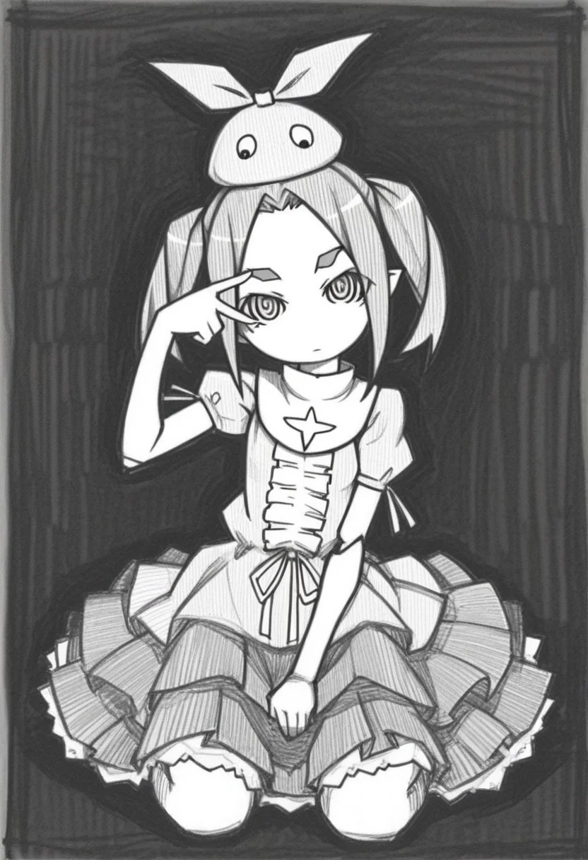 1girl, ononoki yotsugi, monogatari \(series\), head tilt, looking at viewer, v over eye, no nose, closed mouth, sitting, wariza, hand on lap, full body, sketch, monochrome, black background, hatching \(texture\), graphite \(medium\), ueda hajime, masterpiece, best quality, good quality