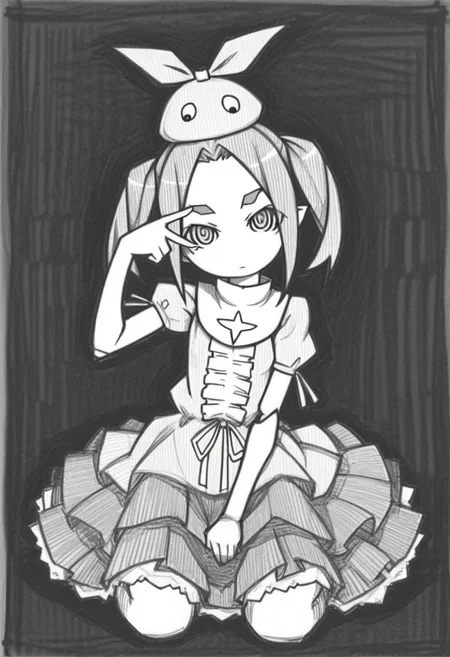 1girl, ononoki yotsugi, monogatari \(series\), head tilt, looking at viewer, v over eye, no nose, closed mouth, sitting, wariza, hand on lap, full body, sketch, monochrome, black background, hatching \(texture\), graphite \(medium\), ueda hajime, masterpiece, best quality, good quality