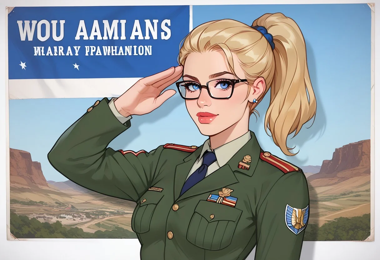 Blonde, ponytail, glasses, small boobs, Dr00l, Jabstyle, Army general outfit, pinup_style, propaganda poster, ww2 poster, salute, hundreds of marching men
