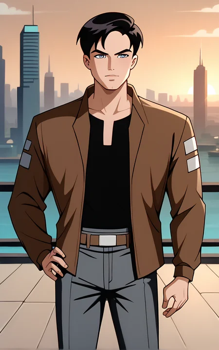 score_9, score_8_up, score_7_up, BREAK
BrownJacket_TerryMcGinnis_ownwaifu,
1boy, black hair, grey eyes, short hair, bangs,
bomber jacket, brown jacket, popped collar, black shirt, open jacket, long sleeves, belt, pants, grey pants, brown coat, collared shirt,
(contrapposto, hand on hip), sunset, sidelighting, cityscape, vanishing point, outdoors, depth of field, solo,
<lora:PONYXL_DC_BatManBeyond_TerryMcGinnis_ownwaifu_r1:0.8> , depth of field,
,
