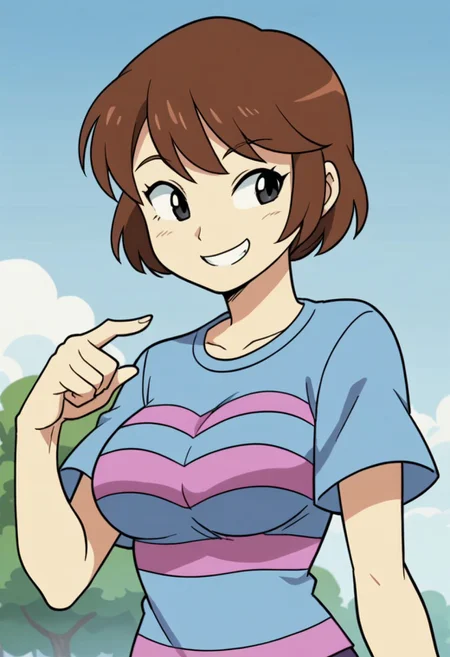 score_9, score_8_up, score_7_up, source_anime, anime screencap,  frisk (dezz), brown hair, short hair, black eyes, large breasts, 1girl, solo, striped, shirt, smile,
