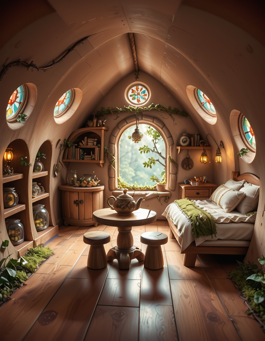 score_9, score_8_up, score_7_up,amazing quality, ultra realistic, 3D, HD, best quality, amazing quality, very aesthetic, absurdres
A highly detailed, realistic photograph of a tiny gnome house nestled at the base of an ancient oak tree, taken in soft morning light with a gentle mist hanging in the air. The house is crafted from natural materials: smooth stones form the lower walls, and curved wooden planks create a round, thatched roof with patches of moss and small wildflowers growing on top. Tiny circular windows with stained glass panels glow faintly from within, casting warm amber and green hues. A miniature wooden door with intricate carvings sits slightly ajar, surrounded by tiny lanterns that hang from delicate hooks, each softly glowing. Around the house, the forest floor is covered in dew-kissed clover, mushrooms of varying sizes and colors, and winding little cobblestone paths. In the background, tall ferns and oversized leaves tower, giving the scene an enchanted, hidden feel. Subtle rays of sunlight break through the canopy above, highlighting fine details with a dreamy, ethereal atmosphere. Hyper-realistic style, high-resolution, rich earthy tones, with an overall cozy and magical woodland vibe. No creatures or people, only nature and the charming architecture of the gnome's home.
<lora:SDXLFaeTastic2400:0.4> <lora:extremely_detailed:0.4> extremely detailed,tiny gnome h0us3 <lora:tiny_gnome_h0us3-p:1>