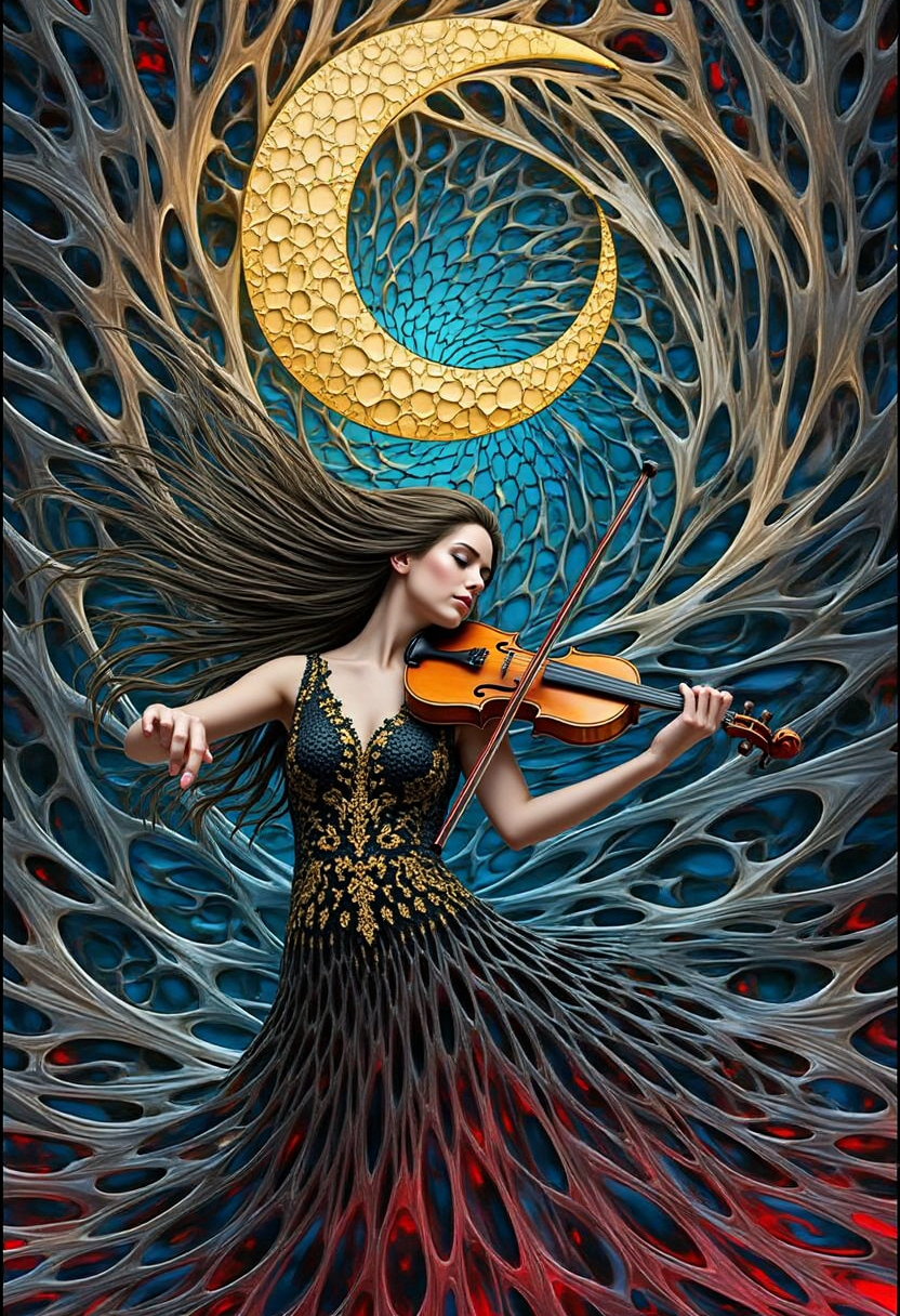 intricate yfg-patt3rn of, A violinist playing under a crescent moon, their music forming luminous, spiraling shapes in the air. Gothic surreal portrait, intricate baroque detailing, fluid organic architecture, rich jewel tones, dramatic chiaroscuro lighting, swirling abstract patterns, melancholic ethereal figures, flowing hair and elaborate costumes, gold accents and stained-glass textures, dreamlike cityscape, surreal fantasy symbolism, organic spirals and mosaic-like designs, Gothic romance meets vibrant expressionism.