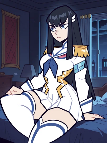 <lora:kiryuin_satsuki_illust_scarxzys:0.7>,
kiryuuin satsuki, blue eyes, black hair, blunt bangs, long hair, thick eyebrows, hairclip,
military uniform epaulettes, pleated dress miniskirt, blue neckerchief, white serafuku, long sleeves, thigh boots,
luxory interior, bedroom,
cowboy shot, 
sitting,
indoors,
night,
solo,
, [5 fingers], goodbyellow style, toon style, <lora:GoodbyellowIL:1>, masterpiece, best quality, absurdres, flat colors, flat color