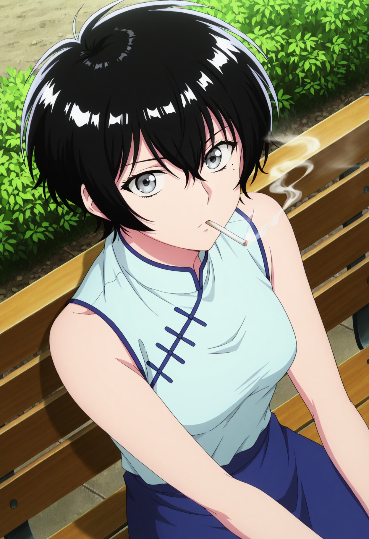 masterpiece, best quality,  absurdres, highres, cinematic light, 1girl,  <lora:kujirai_reiko:1> kujirai_wz, very short hair, black hair,  hair between eyes, mole under eye, grey eyes, <lora:anime_screencap-Illustrious:1> anime screencap, anime coloring, anime screenshot, light blue china shirt, bare shoulders,  long blue skirt, outdoors, sitting, park, nature,  park bench, cigarette, smoking, serious, looking at viewer, dynamic angle, day, safe