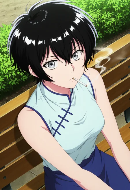 masterpiece, best quality,  absurdres, highres, cinematic light, 1girl,  <lora:kujirai_reiko:1> kujirai_wz, very short hair, black hair,  hair between eyes, mole under eye, grey eyes, <lora:anime_screencap-Illustrious:1> anime screencap, anime coloring, anime screenshot, light blue china shirt, bare shoulders,  long blue skirt, outdoors, sitting, park, nature,  park bench, cigarette, smoking, serious, looking at viewer, dynamic angle, day, safe