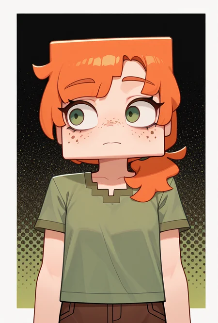 <lora:alexmc-10:1> alexmc, orange hair, 1girl, solo, green eyes, green shirt, brown pants, short sleeves, freckles, masterpiece, best quality, amazing quality, very aesthetic, absurdres, newest,, upper body, halftone effect, white borders, abstract background:1.2,