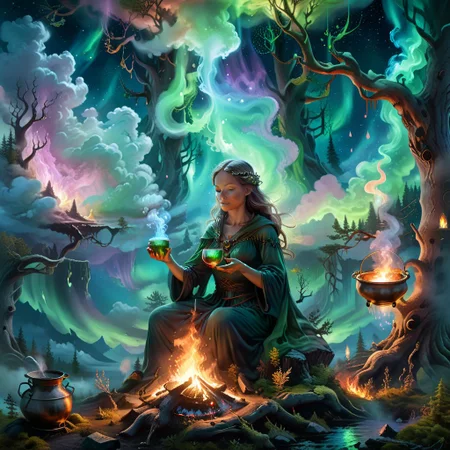 Fantasy concept art, woman brewing a potion over a fire set upon a cloud, ethereal nebula aura emanating from her figure, ingredients of imagination bubbling in a cauldron, auroras weaving through tall, ancient trees in the background, visual representation of mystical energies and connections, aurora borealis dancing vividly in the sky, digital painting, ultra realistic, dramatic lighting, breathtaking surreal masterpiece.