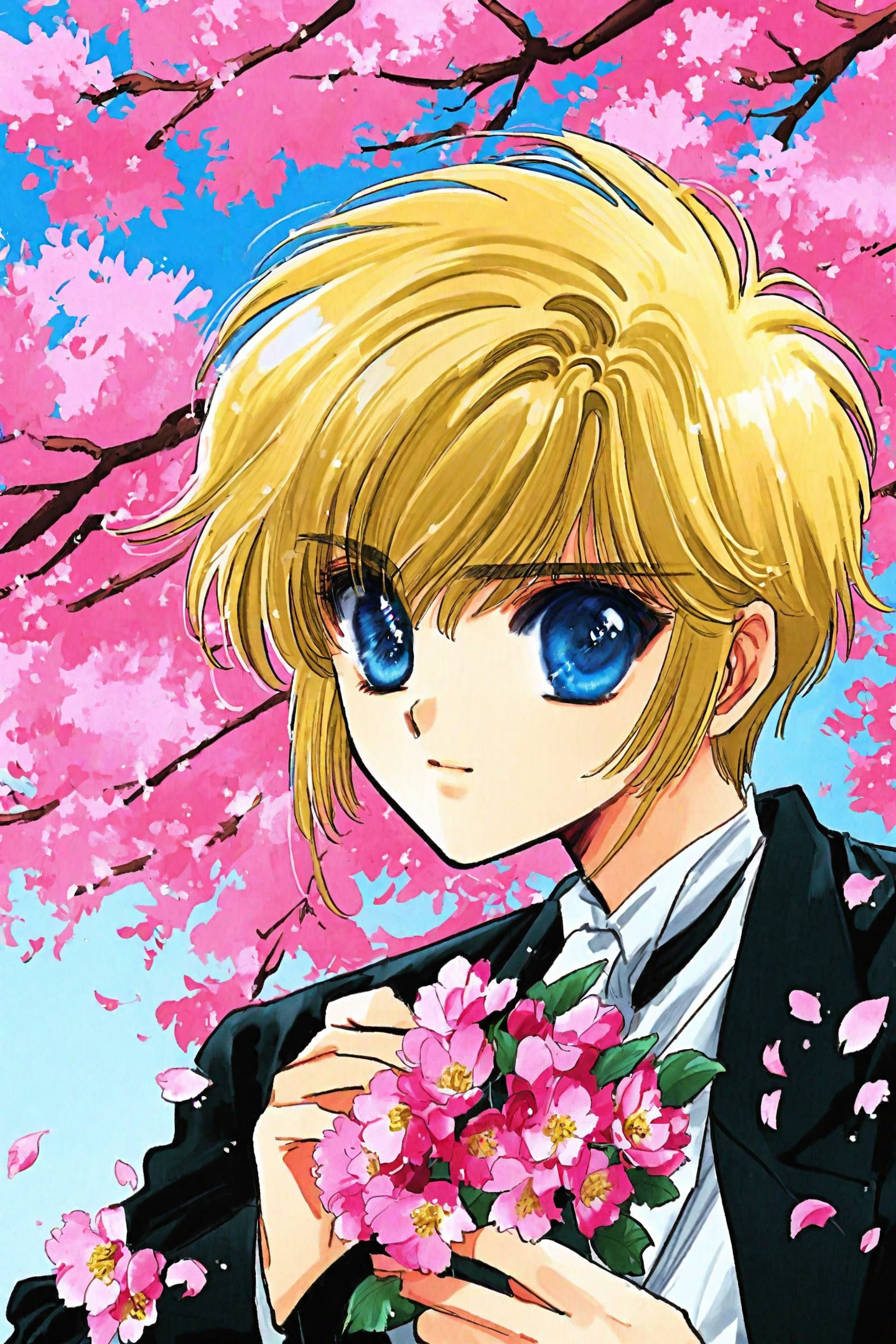 Clamp School Detectives,
Nokoru Imonoyama,1boy,solo,blonde hair,blue eyes,short hair,cherry blossoms,petals,1990s \(style\),retro artstyle,flower,formal,
<lora:CLAMP_XL:0.8>,