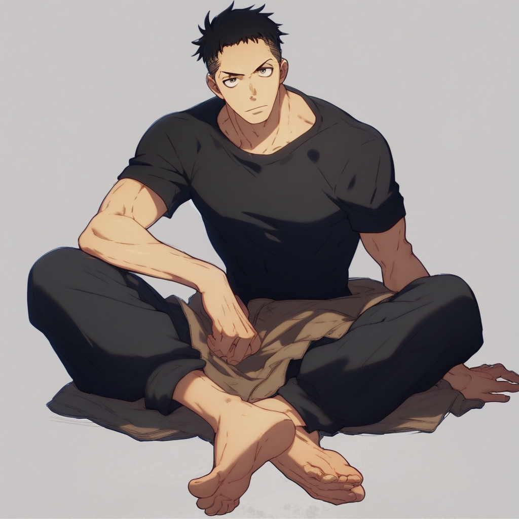 score_9, score_8_up, score_7_up, akitaru Obi, 1boy, male focus, solo, black shirt, uniform pants, barefoot, sitting, looking at viewer,