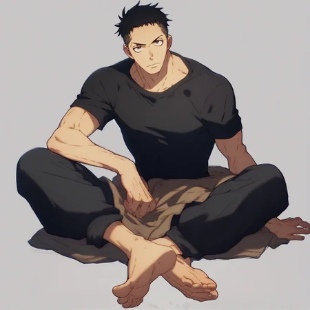 score_9, score_8_up, score_7_up, akitaru Obi, 1boy, male focus, solo, black shirt, uniform pants, barefoot, sitting, looking at viewer,