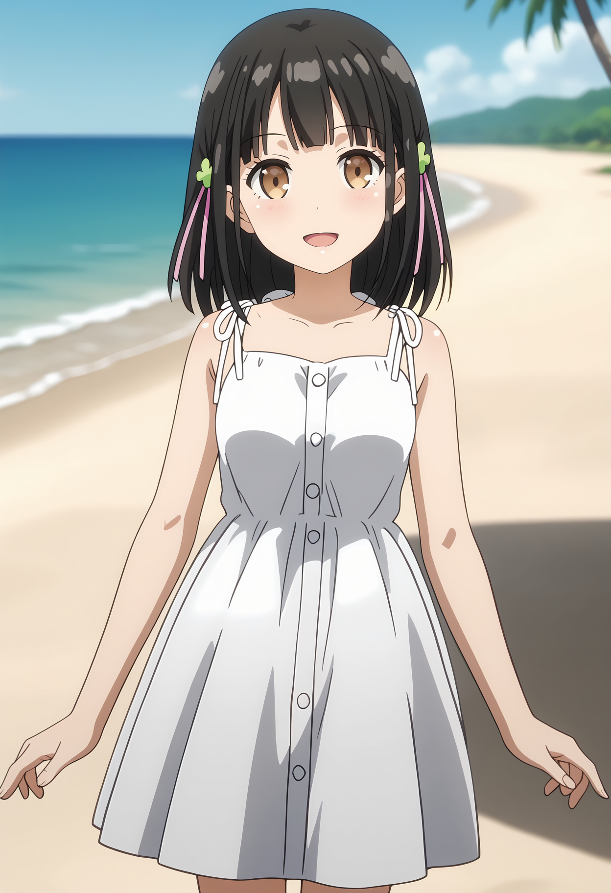 anime screencap,
<lora:OneRoom_HanasakaYuiXL:0.8>, HanasakaYui,
1girl, solo, open mouth, light smile, head tilt,
medium hair, black hair, blunt bangs, brown eyes, clover hair ornament, hair ribbon,
YuiDress, sundress, sleeveless dress, white dress,
balancing, looking at viewer,
beach, horizon, water, palm tree, blurry background