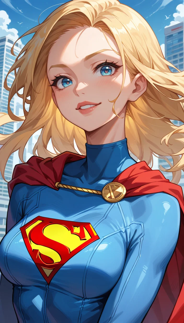 score_9, score_8_up, score_7_up, Anime Style, Portrait, Supergirl, cute, seductive, innocent, light smile:0.3, plump lips, slender body, blonde long hair, in high detailed Supergirl suit, red cape, gold ornate, gold embedded, floating above the skyscrapers, in dynamic pose, city skylines Background, depth of field, dynamic angle, fashion photography, sharp, hyperdetailed:1.15