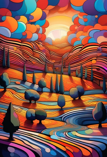 Rolling hills of Tuscany in a vibrant psychedelic style, with bold, surreal colors separated by sharp black lines, creating a stained-glass effect. A small village in the distance with terracotta rooftops and stone walls, stylized with vivid hues of purple, blue, and orange. Cypress trees and wildflowers rendered in exaggerated, kaleidoscopic patterns. Golden sunlight breaking through in fragmented beams, casting a dreamlike glow over the landscape. Highly detailed, surreal composition, inspired by psychedelic art and Italian countryside aesthetics, 8K resolution, vivid and trippy yet harmonious color palette, a mesmerizing and otherworldly mood.