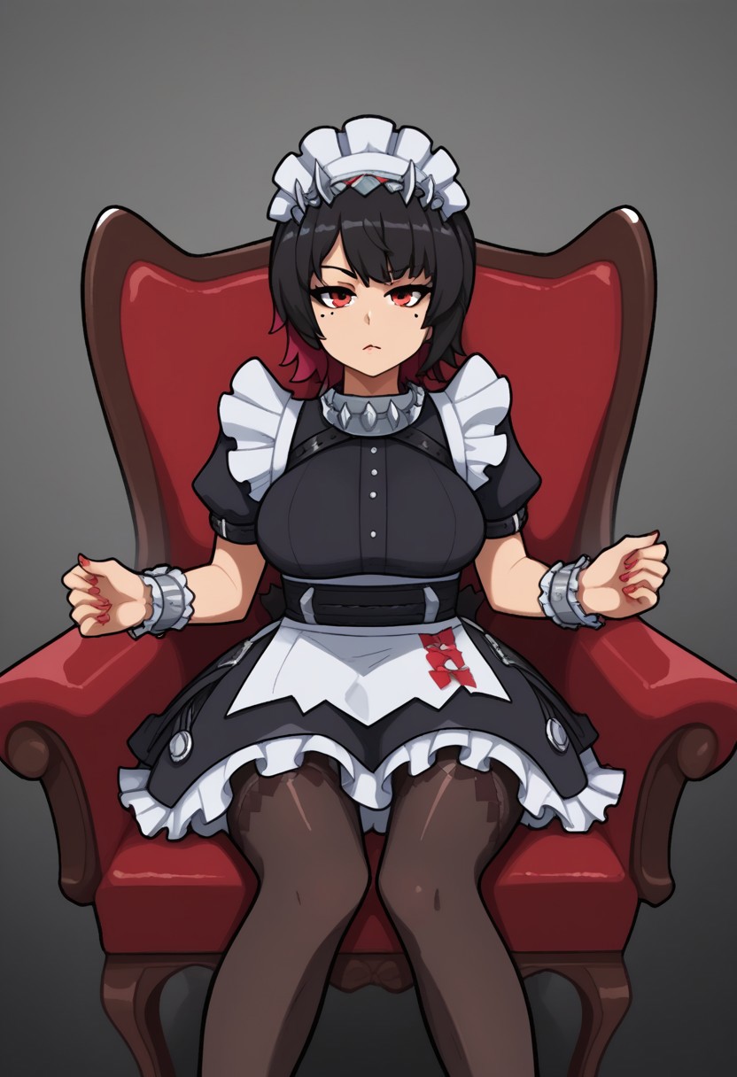 muds style
1girl,ellen_joe,maid_headdress,black_dress,wrist_cuffs,puffy_short_sleeves,mole_under_eye,large_breasts,frilled_dress,black_pantyhose,sitting on chair, realistic, shiny, shiny skin