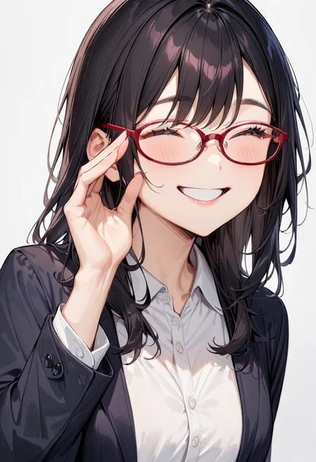masterpiece, best quality, very aesthetic, absurdres,
1girl, solo, black hair, long hair,
oval_cell, glasses, red-framed eyewear,
collared shirt, happy, smile, looking at another, adjusting eyewear, white background, simple background,
<lora:oval_glasses_cell-frame2_SDXL_V1:0.8>