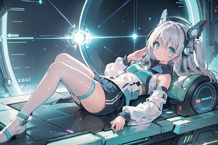(masterpiece), (science fiction:1.4), 1girl, lying on the back on a mirror, lying on the back on a mirror, lying on the back on a mirror, smile, silver hair, aqua eyes, headgear, long sleeves, detached sleeves, glowing energy clothing, light particles, energy particles, perfect hands, perfect legs