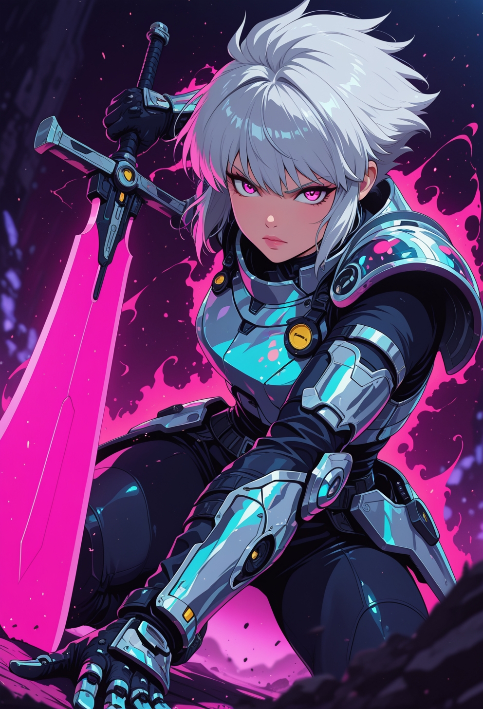 <lora:ck-nc-cyberpunk-IL-000011:0.35>,  masterpiece, best quality, good quality, very aesthetic, absurdres, newest, 8K, depth of field, focused subject, dynamic angle, action shot, close-up shot, wabi sabi warrior dressed in holographic armor, neon color splash, battle stance, holding a futuristic battle scared sword, fierce look, she's got silver platinum hair and an otherworldly aura around her, studio anime
in the style of cknc, in the style of ck-rw
<lora:MoriiMee_Gothic_Niji_Style_Illustrious_r1:0.5>
<lora:ck-neon-retrowave-IL:0.55>
<lora:ck-shadow-circuit-IL:0.65>