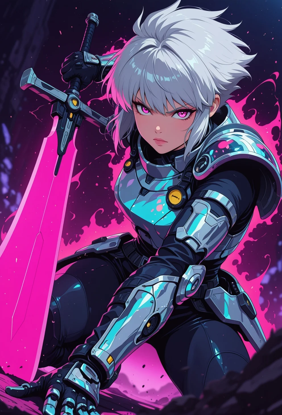 <lora:ck-nc-cyberpunk-IL-000011:0.35>, masterpiece, best quality, good quality, very aesthetic, absurdres, newest, 8K, depth of field, focused subject, dynamic angle, action shot, close-up shot, wabi sabi warrior dressed in holographic armor, neon color splash, battle stance, holding a futuristic battle scared sword, fierce look, she's got silver platinum hair and an otherworldly aura around her, studio anime
in the style of cknc, in the style of ck-rw
<lora:MoriiMee_Gothic_Niji_Style_Illustrious_r1:0.5>
<lora:ck-neon-retrowave-IL:0.55>
<lora:ck-shadow-circuit-IL:0.65>