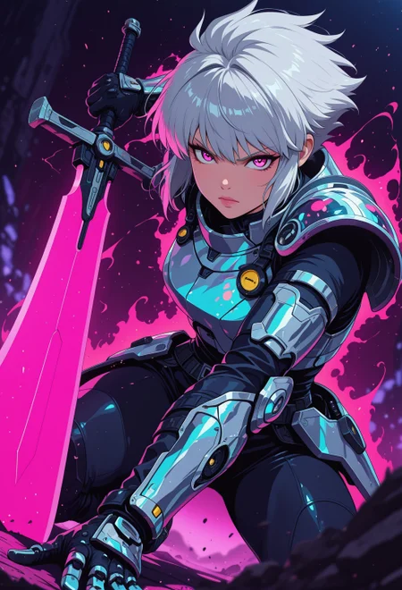<lora:ck-nc-cyberpunk-IL-000011:0.35>,  masterpiece, best quality, good quality, very aesthetic, absurdres, newest, 8K, depth of field, focused subject, dynamic angle, action shot, close-up shot, wabi sabi warrior dressed in holographic armor, neon color splash, battle stance, holding a futuristic battle scared sword, fierce look, she's got silver platinum hair and an otherworldly aura around her, studio anime
in the style of cknc, in the style of ck-rw
<lora:MoriiMee_Gothic_Niji_Style_Illustrious_r1:0.5>
<lora:ck-neon-retrowave-IL:0.55>
<lora:ck-shadow-circuit-IL:0.65>