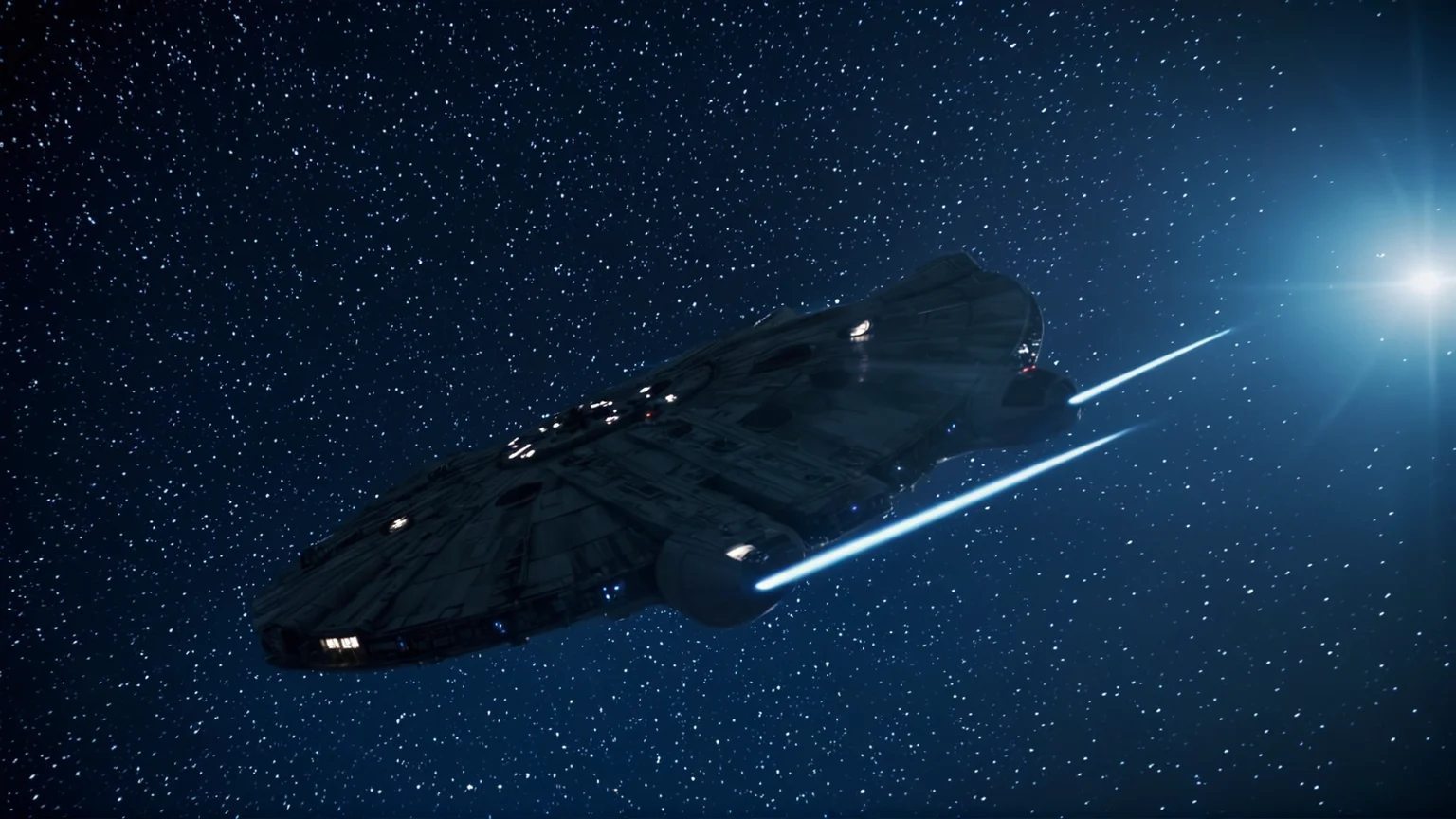 cinematic film still of <lora:star wars style v2:0.2>
<lora:detailed:0.2>
<lora:perfection style:0.2>
<lora:Ron Fricke style:0.1>
<lora:Millennium Falcon:0.8>
Millennium Falcon (YT-1300 light freighter) a millennium fighter is flying through the night sky from behind into stars,lightspeed,backlight,monochrome,no humans,science fiction,blue theme,space,spacecraft , star wars style, shallow depth of field, vignette, highly detailed, high budget, bokeh, cinemascope, moody, epic, gorgeous, film grain, grainy