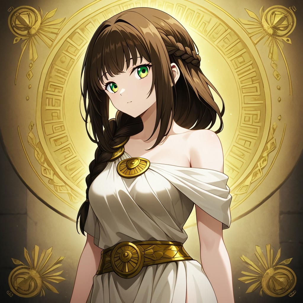 rh34, brown hair, long hair, choppy bangs, high braid, green eyes, medium breasts, ancient greek clothes, plain toga, shoulder broach, one side off-shoulder,