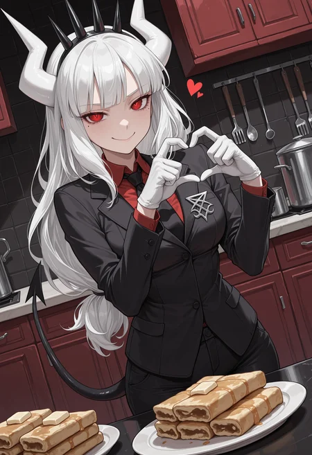 masterpiece, best quality, highres, absurdres, very awa, 1girl, solo, luc1ferdef, mole under eye, long hair, white hair, white horns, demon horns, , kitchen, indoors, heart, heart hands, red eyes, black tail, demon tail, black jacket, long sleeves, red shirt, collared shirt, crown, badge, black necktie, black pants, white gloves, (food:1.2), dutch angle, looking at viewer, closed mouth, smile, pancakes, evil smile