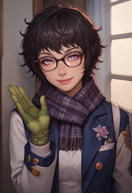 masterpiece,best quality, highly detailed, score_9, score_8_up, score_7_up, score_6_up,source_anime, 
BREAK, 1girl, miyazusmtv, black hair, short hair, messy hair, glasses, scarf, blazer, shirt, plaid skirt, black pantyhose, green gloves, looking at viewer, cowboy shot, gentle smile, waving hello
