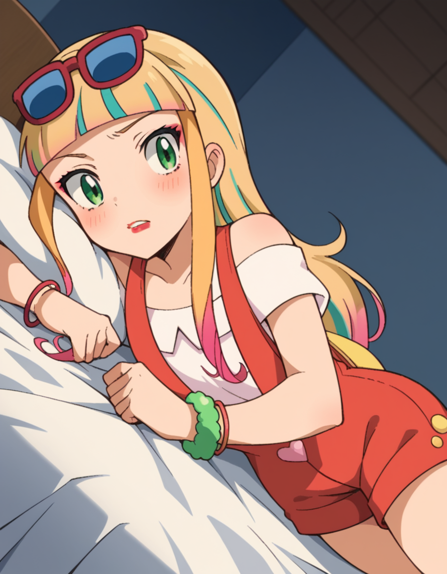 score_9, score_8_up, score_7_up, source_anime,
pokemonrisa, <lora:pokemon-risa-movie-ponyxl-lora-nochekaiser:1>,
risa, long hair, bangs, blonde hair, green eyes, multicolored hair, blunt bangs, makeup, lipstick,
shirt, jewelry, short sleeves, heart, bracelet, sunglasses, eyewear on head, overalls, overall shorts,
indoors, bed, bed room, on side, blush, drunk,
looking at viewer, cowboy shot, solo, dutch angle,
