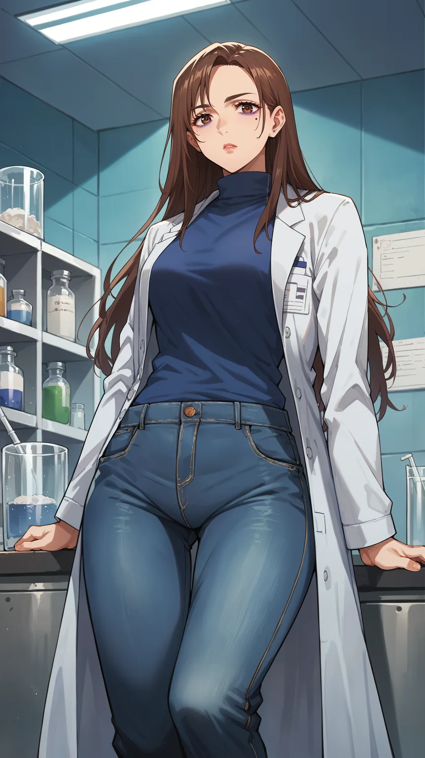 score_9,score_8_up,score_7_up,score_6_up, source_anime, zPDXL3, <lora:xl_more_art-full_v1:0.5>, woman, dynamic pose, relaxing, <lora:Shoko Ieiri - Pony-000004:0.8>, aShoko, long hair, brown hair, brown eyes, eyebags, purple eyeshadow, blue turtleneck, labcoat, birthmark under eye, jeans, laboratory,