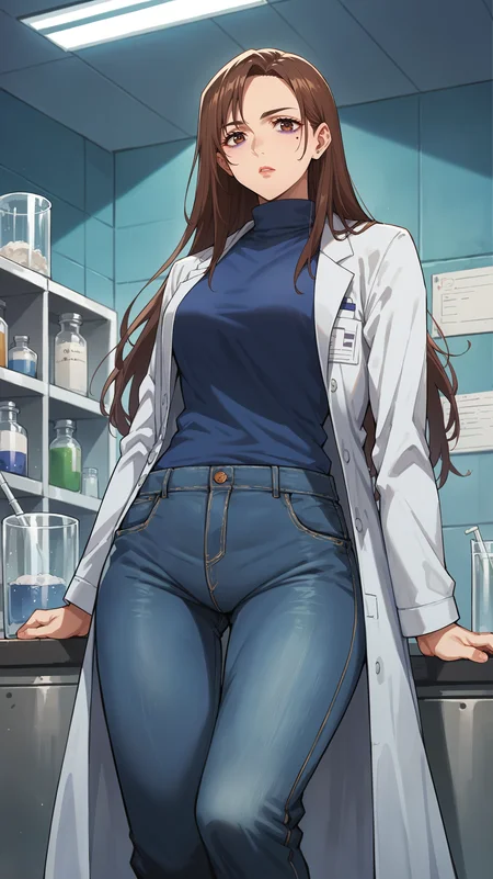 score_9,score_8_up,score_7_up,score_6_up, source_anime, zPDXL3, <lora:xl_more_art-full_v1:0.5>, woman, dynamic pose, relaxing, <lora:Shoko Ieiri - Pony-000004:0.8>, aShoko, long hair, brown hair, brown eyes, eyebags, purple eyeshadow, blue turtleneck, labcoat, birthmark under eye, jeans, laboratory,