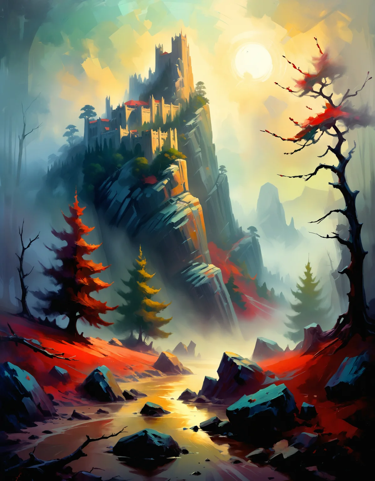 zavy-rghpnt, award winning, landscape of a Mythical 1940'S Casterly Rock, forest and Holly background, Foggy, Classicism Art, Cold Lighting, Saturated, vibrant, cool colors, set logical ambient background, beautiful, dynamic dramatic atmosphere, full color, positive emotional