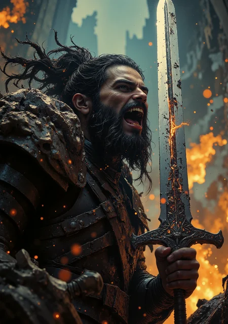 The illustration is a digital art depicting a fullbody profile of a powerful human warrior, seasoned by many years of battle, leading his sworn brothers into battle. The viewer looks at his profile from the side, watching as the warrior, turned sideways, raises his sword towards the enemy and screams with a terrifying roar. As he screams, his bare teeth, fangs and flying particles of saliva are visible. He has long black matted hair, several strands are braided into pigtails, a hairstyle hinting at Viking origins, as well as a black beard with gray hairs breaking through, emphasizing many years of experience. His armor is made of leather with small metal inserts, indicating that this warrior is agile and dangerous. A chain is wrapped around his arm, connected to the sword he holds, and the blade is strewn with many runes. His skin is strewn with scars, marks of the battles he has gone through over the years.
(((cinematic photo, volumetric lighting, cinematic lighting, aesthetic design, dramatic angle, dramatic framing, cinematic framing, posing at an angle, extremely sharp focus, unique artistic composition, hight reflection))), maximum image detail, maximum realistic rendering, strong reflection, glow, shining, intricate cinematic background, ((beautiful face, detailed eyes, natural emotions, anger, fullbody)), film, bokeh,, Astral Aura, {prompt}, astral, colorful aura, vibrant energy