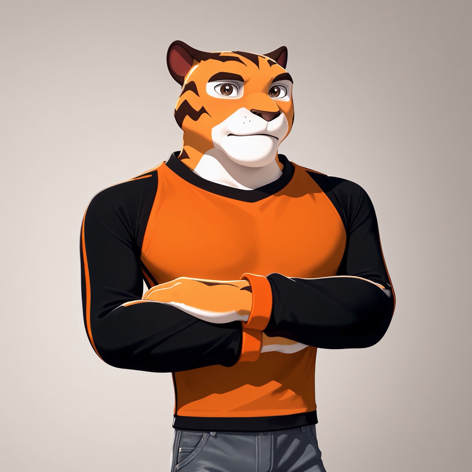 Tag, tiger boy, furry male, tiger ears, brown eyes, multicolored fur, white patches around eyes, white area on lower face that extends down neck, white palms, orange fur, brown stripes, thick eyebrows, blunt brown nose, tall, muscular, grey jeans, orange shirt, black sleeves, orange stripes that run down from shoulders, orange cuffs, black shoes with orange soles, arms crossed, masterpiece, best quality, amazing quality, male, looking at viewer, broad shoulders,