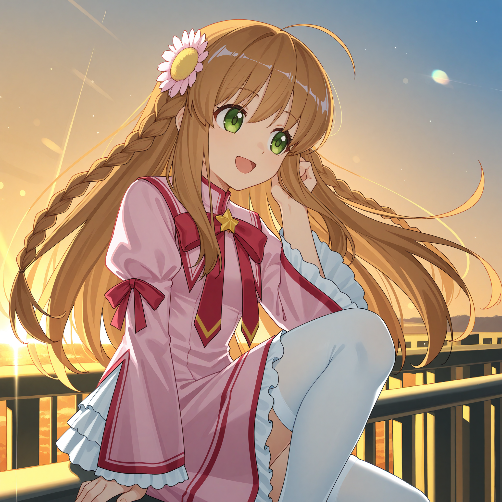 <lora:JLT4n_art_1_nai_Loha-000094:1.5>,JLT4n art,
<lora:Kanbe_Kotori_1_nai:0.6>,Kanbe Kotori,twin braids,hair flower,school uniform,red ribbon,pink dress,red bowtie,juliet sleeves,puffy long sleeves,frilled sleeves,wide sleeves,crown ornament,frilled dress,white thighhighs,
BREAK
1girl,solo,smile,open eyes,open mouth,sitting,on railing,knee up,lens_flare,sunset,hand in own hair,looking to the side,