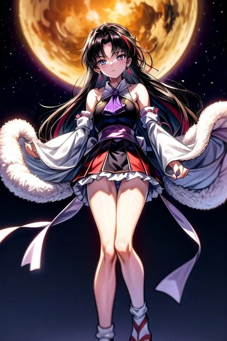 masterpiece, best quality 1girl Setsun4 solo long hair, (night time) forest background black hair very long hair purple eyes multicolored hair armor (fur trim) (medium body),<lora:EMS-179-EMS:0.800000>,<lora:EMS-293862-EMS:0.800000>ascot, bare shoulders, black footwear, detached sleeves, embellished costume, frills, japanese clothes, nontraditional miko, red skirt, sandals, sarashi, skirt, socks, white sleeves, white socks, wide sleeves, yellow ascot, zouri, armor, miko