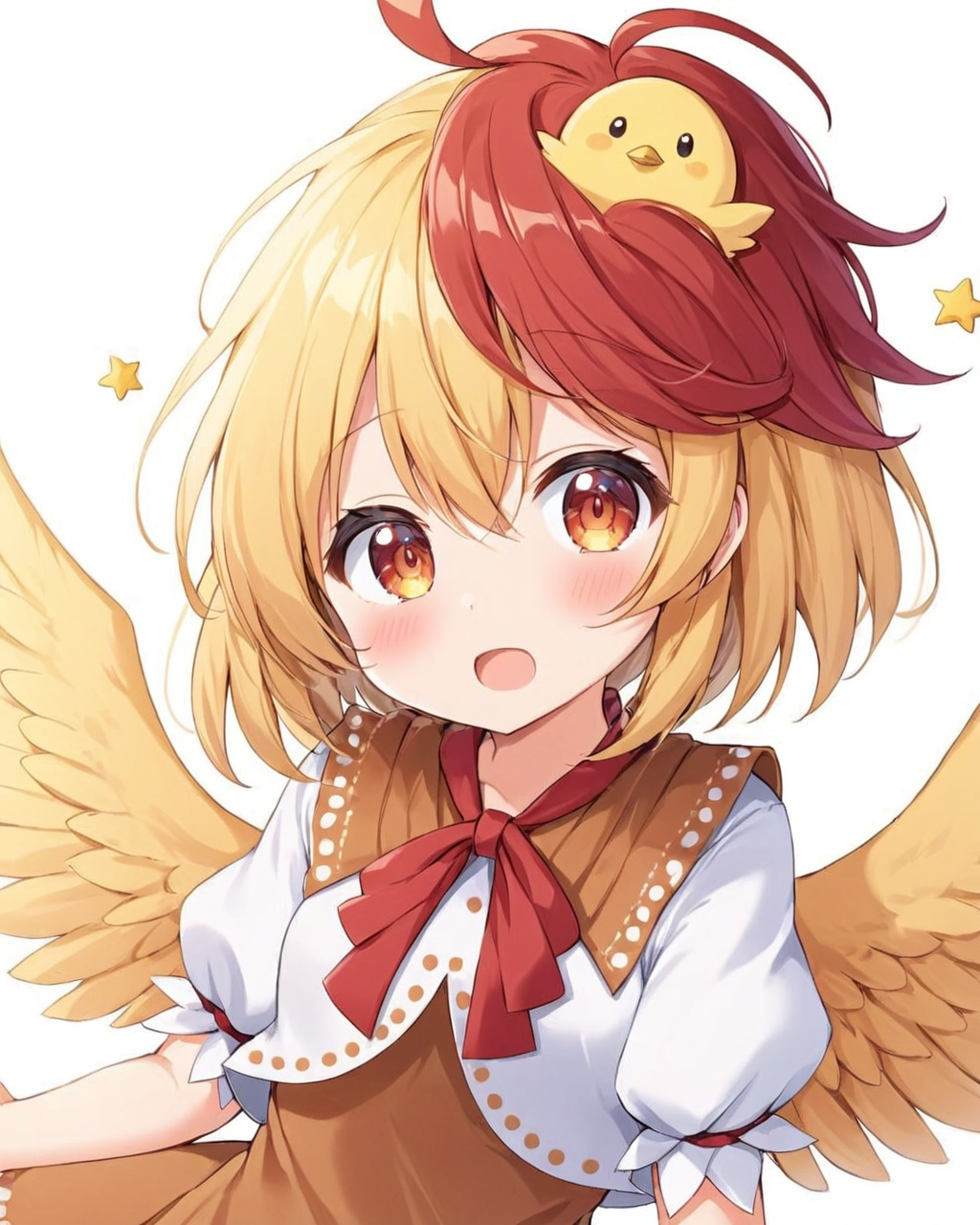niwatari kutaka,1girl, chick, solo, white_background, open_mouth, simple_background, bird_on_head, upper_body, looking_at_viewer, feathered_wings, bird_wings, puffy_short_sleeves, yellow_wings, :d, brown_dress, ahoge, white_shirt, blush, ribbon, animal
<lora:niwatari_kutaka_image1327_2023-12-20-000010:1>,star-shaped_pupils,symbol-shaped_pupils,. gorgeous,key visual, vibrant, studio anime,award-winning, professional, highly detailed,high budget, cinemascope