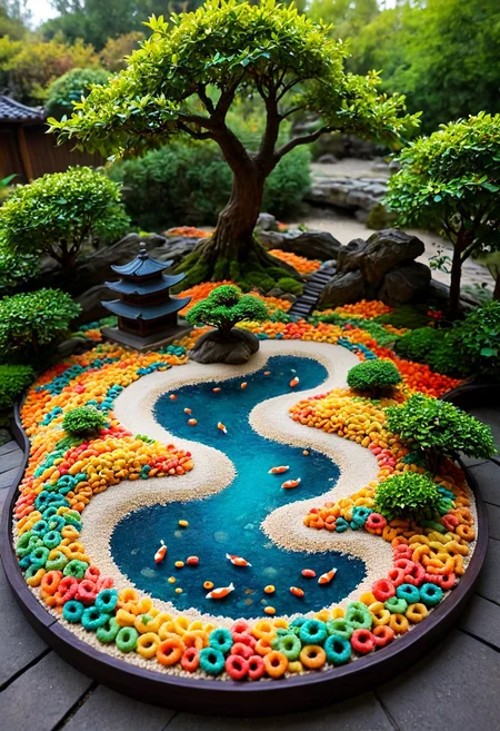midjourneyv6.1, flux-style, (fine texture, masterpiece, ultra-detailed, very awa, best quality, very aesthetic, absurdres, newest, volumetric lighting, scenery, score_9, score_8_up, score_7_up, real photo, rating_safe), BREAK,
zen garden made of fruit loops, meditation garden, raked sand, bonsai trees sprouting loop blossoms, milk koi pond, serene and surreal, BREAK.