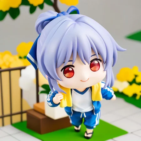score_9, score_8_up, score_7_up, best quality, source_anime,  1girl, solo, takabe, yellow towel around neck, dark blue track jacket, open clothes, white shirt, tucked in, dark blue track pants, black sandals,  doro, creature, :3, chibi, four legs, solid circle eyes,red eyes, no pupils, smile, park,simple background