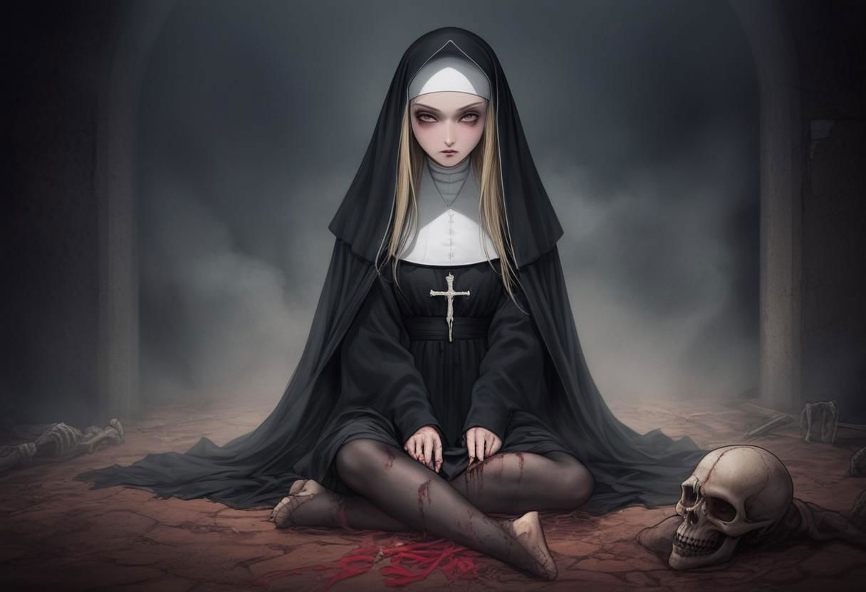 horror \(theme\),("Nevson Arts" text logo),shadows,foggy,abandoned church,dark blood,darkness,bones,anime style,anime,nun is sitting on knees,blonde,long hair,