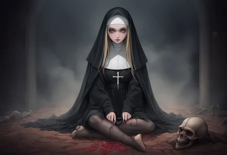 horror \(theme\),("Nevson Arts" text logo),shadows,foggy,abandoned church,dark blood,darkness,bones,anime style,anime,nun is sitting on knees,blonde,long hair,