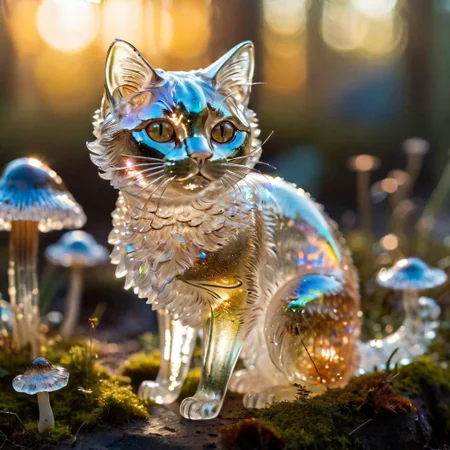 a beautiful transparent glass cat with a exquisite fragile iridescent glass fur, surrounded by crystalline glowing mushrooms, intricate details, masterpiece, award winning, rich, breathtaking, golden hour light, bokeh, atmospheric, ((close up))