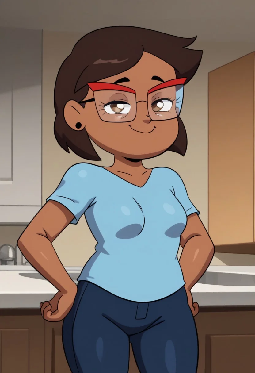 masterpiece, best quality, score_9, score_8_up, score_7_up BREAK Camila, 1girl, solo, brown hair, glasses, earrings, half closed eyes, smile, short hair, brown eyes, blue shirt, pants, indoors, standing, small breasts, saggy breasts,
 <lora:CamilaPony1.0:1.0>, looking at viewer, cowboy shot, zPDXL  <hypernet:bad-hands-5:1> cleavage, BREAK joao, by joaoppereiraus, teasing viewer,