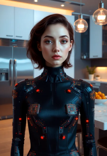 (synthesized beauty android) with young persian woman face, wearing Retro-Chic Party jumpsuit, cybernetic Futuristic flexible circuit board patches grafted onto skin with tiny neon-hued microchips dotting their surfaces augments, Polymer-coated cybernetic prosthetics with flexible synthetic skin, seamless integration, naturalistic appearance mechanical_arms, legs, arms and mechanical_legs, set in Kitchen, High-tech space with stainless steel appliances, glossy countertops, a smart refrigerator, minimalist dining table and chairs, pendant lighting, and a breakfast bar ,  <lora:skin texture style v5:0.8> skin texture style, realism, detailed <lora:fantasy_portrait_by_cosmic:0.8>, <lora:dvr-transformers-flux:1> biomechanical, cybernetic, bionic, biopunk,âââ