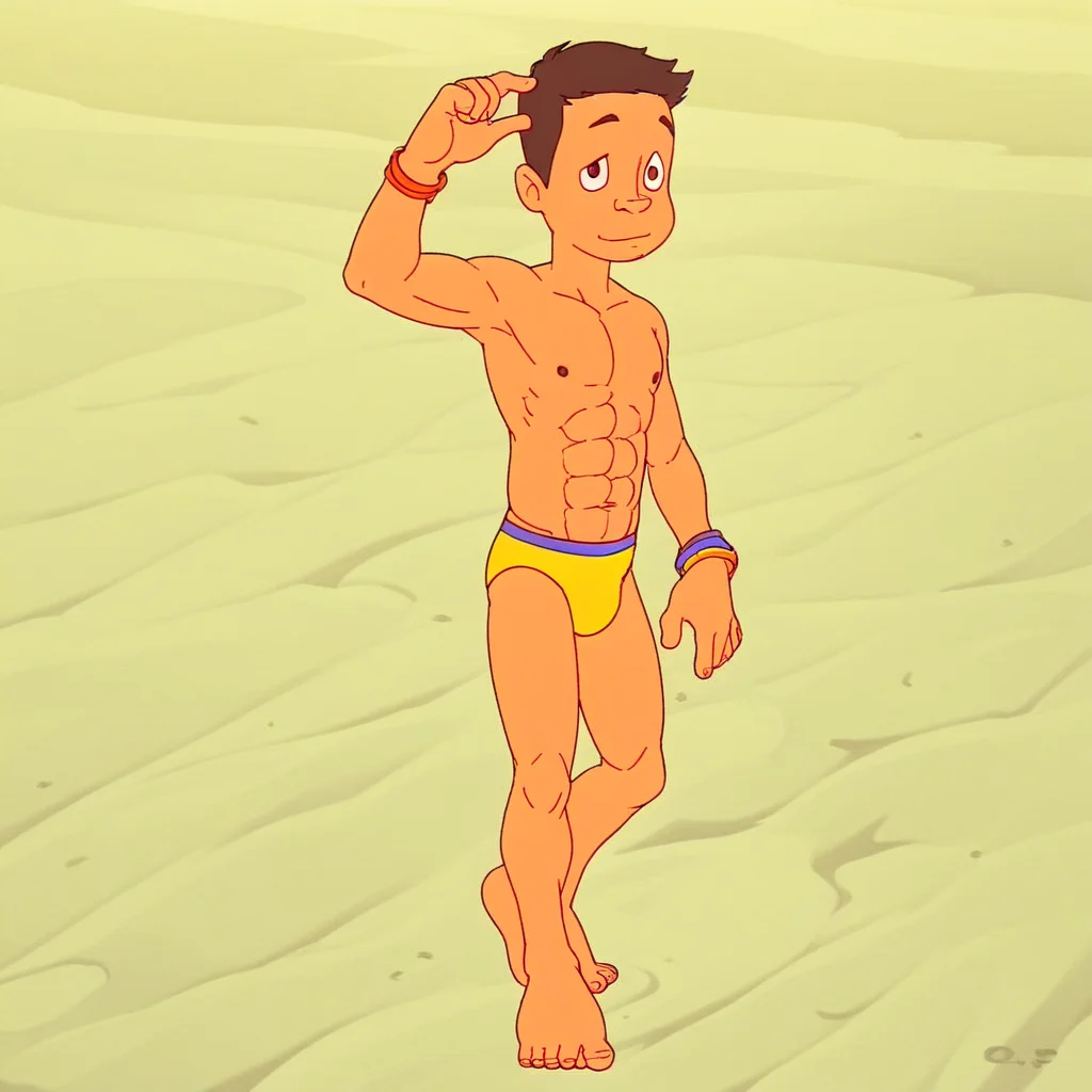 Norton, 1boy, male focus, solo, brown hair, swimsuit, male swimwear, abs, bracelet, speedo, topless male,  score_9, score_8_up, score_7_up, score_6_up <lora:vinceteaa_020_04v2-step00000400r:1> good face, good eyes, looking at viewer, full body,